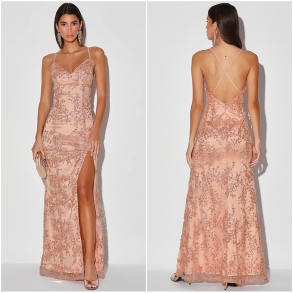 Lulu’s Blissful Blossoms Blush Pink Sequin Backless Maxi Dress